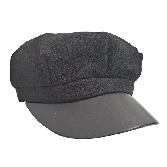 Women's Baker boy black faux leather fabric soft hat cap casual beret new - Picture 6 of 16